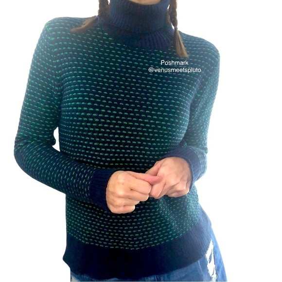 J.Crew Turtleneck Sweater Women Sz S Textured Preppy Navy Green Classic Knit - Picture 1 of 6